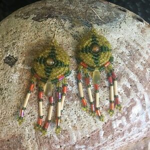 Hand Crafted Beaded Rosette Fall Inspired Fringe Dangle Pierced Earrings